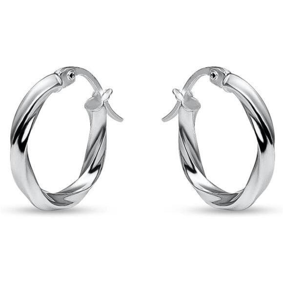 Sterling Silver Hoop Earrings, Twisted Round Design, High Polish Finish - Picture 5 of 7